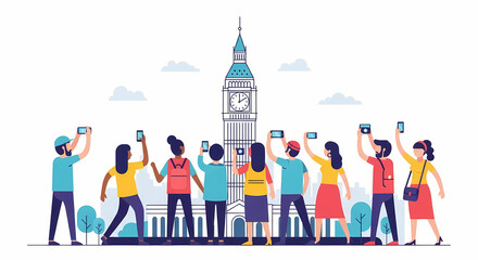 A vibrant illustration of a diverse group of happy tourists taking a group selfie in front of a famous landmark, likely the Big Ben tower in London. Represents travel, tourism, friends, and technology