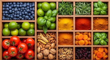 Assorted fresh foods, spices