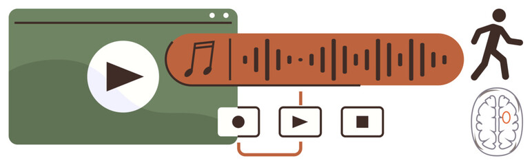 Media window with play button, soundwave, music note, brain icon, walking figure, playback controls. Ideal for music, audio processing learning tech neuroscience creativity human engagement. A