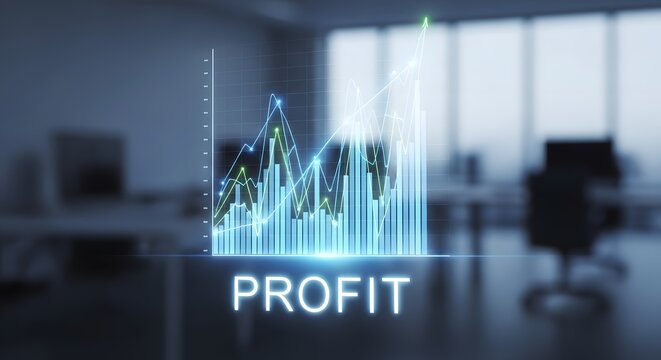 Holographic profit graph displayed in modern office representing financial success