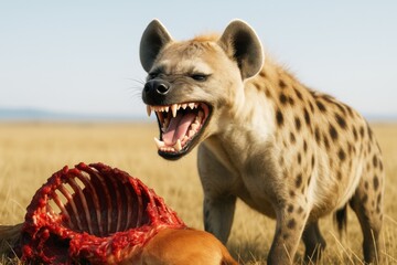 Hyena baring sharp teeth while guarding carcass remains on dry savanna field under clear sky in bright daylight. Ai generative. Ai generative