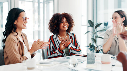 Applause, fashion design and success with business women in boardroom for bonus or promotion. Meeting, motivation and thank you with designer people clapping in workplace for clothing company