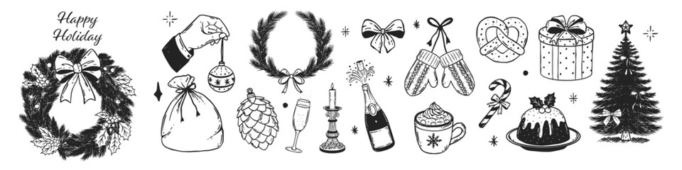 Hand drawn holiday sketch set. Whimsical Christmas wreaths, tree, mittens, gift box, champagne, candles, bells and festive bows  © MandarinkaArt