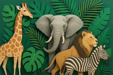 Obraz premium Paper cutout illustration of jungle animals including giraffe, elephant, lion, and zebra with tropical leaves on green background. Ai generative. Ai generative