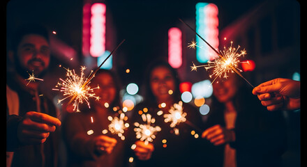 Friends celebrate with sparklers at night, sharing joy and creating magical memories in vibrant city lights, perfect for festive events