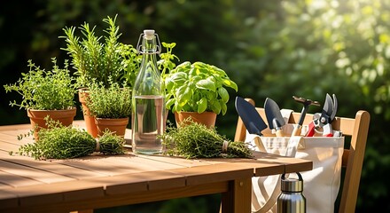 Home garden herbs and tools