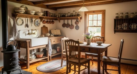 Rustic farmhouse kitchen interior with antique furniture and decor in a sunny room.
