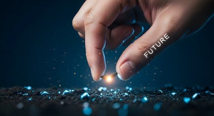 Hand reaching for a glowing future spark on a dark surface