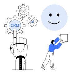 CRM concept. CRM tools streamline processes for customer satisfaction and business growth. CRM integrates AI automation and human interaction for better communication and insights. AI tools, sales