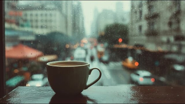 Cozy Coffee in Cityscape: A comforting cup of coffee sits serenely by a rain-streaked window. The cityscape blurred in the background, this image encapsulates a moment of calm amid urban bustle. 