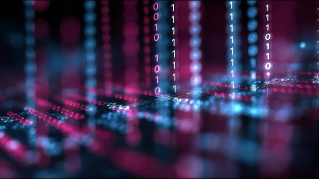 Binary code data matrix neon network digital abstract stream cyber flow glowing lines technology grid virtual network light streaks energy motion futuristic background cybersecurity depth blue pink