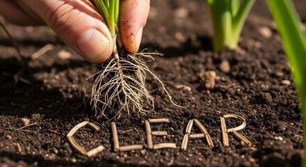 Hand planting a seedling with roots in soil for growth and gardening