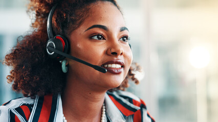 Smile, agent and woman in call center for telemarketing, sales feedback or listening. Telesales,...