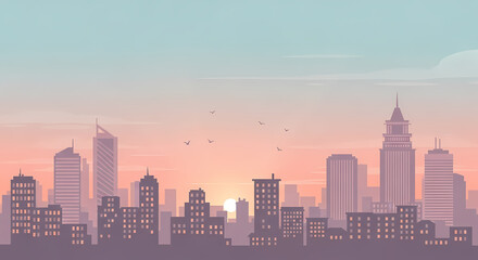 A minimalist illustration of a modern city skyline silhouette against a soft, gradient background of sunset or twilight sky. Represents urbanization, architecture, travel, and tranquility