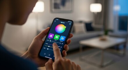 Man using phone to control smart lighting, hands closeup in modern apartment interior. User interacts with smart home app on smartphone, setting lighting color and intensity levels.