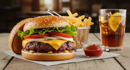 Juicy gourmet burger with melted cheese, fresh lettuce, tomato, onion, crispy fries, and a refreshing cola drink on a rustic wooden table