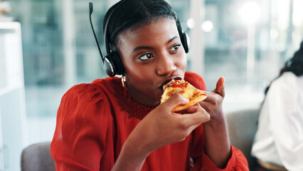 Lunch break, pizza and woman with headset in contact center, customer service and eating fast food....
