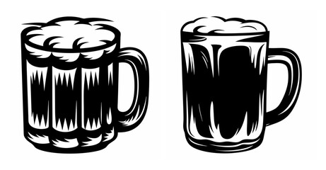 Two refreshing beer mugs with foamy tops and detailed textures presented side by side