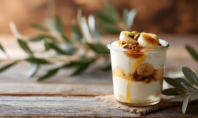 rustic glass jar of Greek yogurt banana pudding layered with bananas