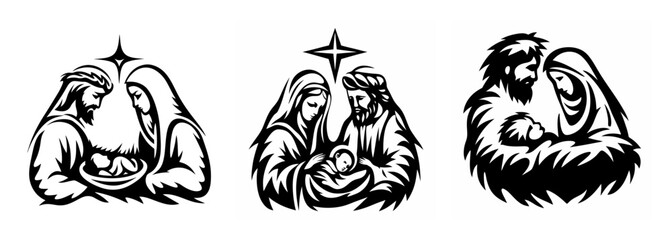 Three unique nativity scene silhouettes featuring mary joseph and baby jesus under a star