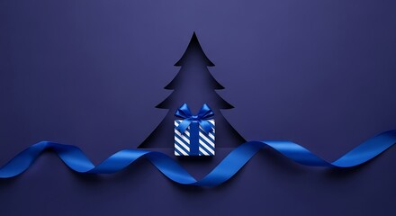 Minimalist christmas tree silhouette and gift box with blue ribbon on dark background