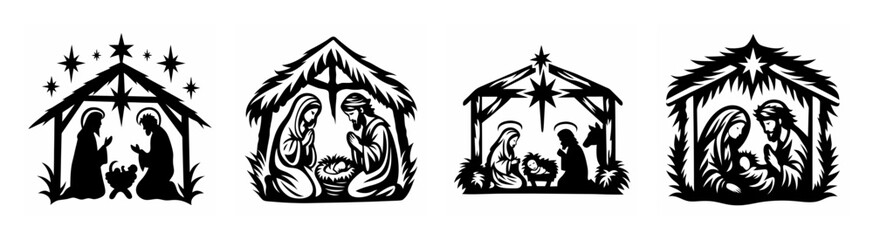 Four distinct black and white nativity scenes depicting the birth of jesus in a stable setting