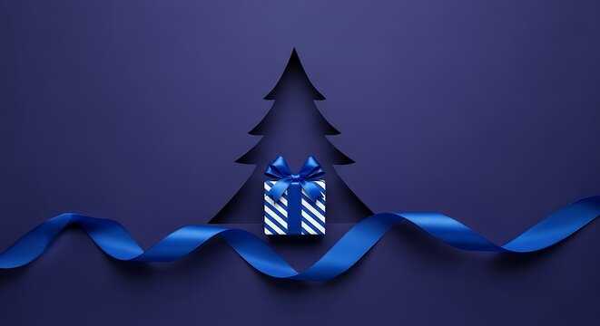 Minimalist christmas tree silhouette and gift box with blue ribbon on dark background