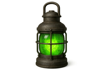 Obraz premium A vintage dark metal fantasy lantern with a bright green magical glowing liquid inside its glass container, casting an eerie and mysterious otherworldly light