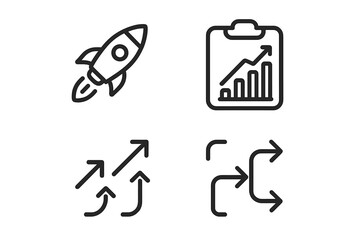 Business startup and growth icons set including rocket launch, financial report, and success arrows