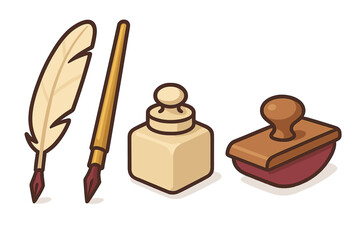 Vintage writing tools set with quill pen, dip pen, inkwell, and ink blotter