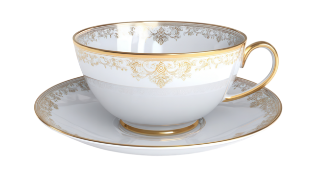 White and Gold Ornate Teacup and Saucer Set porcelain isolated on a transparent background