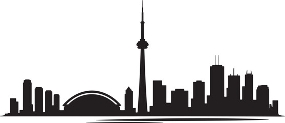 Obraz premium Black silhouette of city landscape with tower and modern structures on transparent