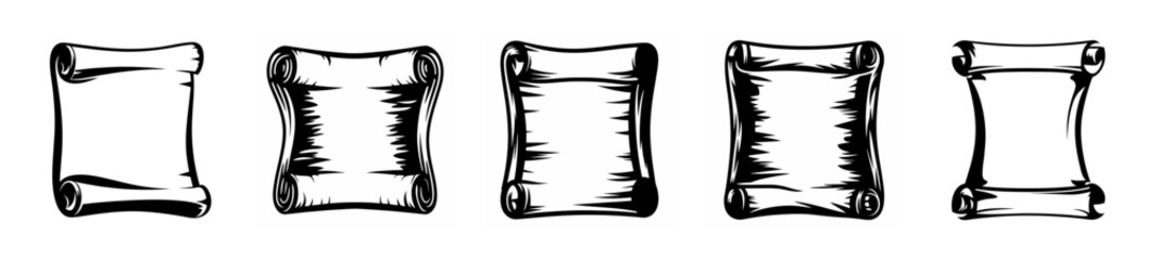 Collection of five old manuscript scrolls or parchment documents with rough edges and decorative borders