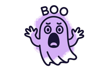 Fototapeta premium Purple ghost character shouting BOO with surprised expression and raised arms