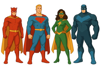 Diverse team of four superheroes standing in colorful costumes and flowing capes
