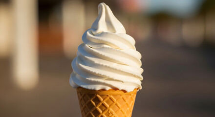 Indulgent creamy soft serve ice cream swirl in a crispy waffle cone, perfect summer treat for ultimate refreshment and delight.