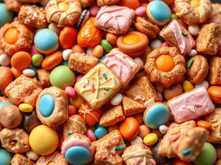 Deliciously unhealthy treats overflowing in a colorful pile, inviting indulgence,  indulgence, sweets