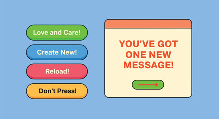 Cartoon notification message with buttons love care and reload