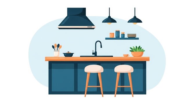 Kitchen interior illustration with modern design, including island and light fixtures, suitable for design and home-related applications.