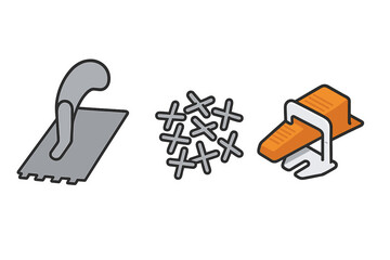 Essential tools for tile installation including notched trowel, cross spacers, and leveling system wedge