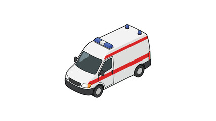 Isometric vector illustration of a generic ambulance van with red stripes and blue emergency lights, clean flat style, no branding, no text, isolated on white background