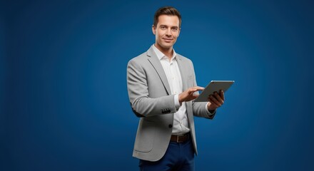 Caucasian young male professional holding tablet on blue background