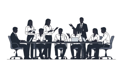 Silhouette illustration of a diverse business team in a conference room having a strategic meeting