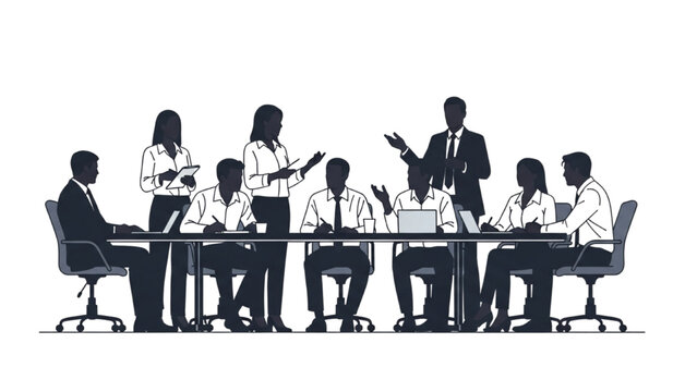 Silhouette illustration of a diverse business team in a conference room having a strategic meeting