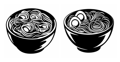 Two black and white bowls of delicious ramen noodles with eggs symbolizing japanese cuisine and comfort food