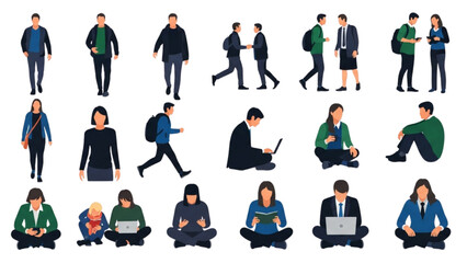 Collection of Modern Illustrated People Engaged in Diverse Everyday Activities From Social Interaction to Digital Work and Leisure