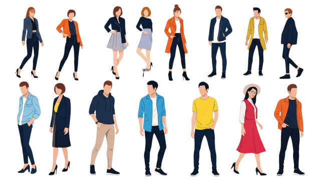 A diverse collection of young men and women characters dressed in stylish, modern casual outfits