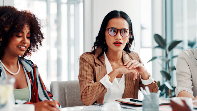 Collaboration, fashion design and meeting with business women in boardroom for discussion. Conversation, listening and planning with designer people at table in workplace for clothing company