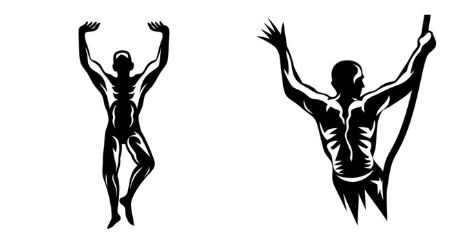 Silhouette of two athletic men reaching upward capturing the essence of strength and determination