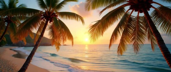 Tropical sunrise over a serene beach, palm trees sway gently as waves lap the shore, with a slow cinematic pan capturing the tranquil ocean view, perfect for travel and relaxation themes.